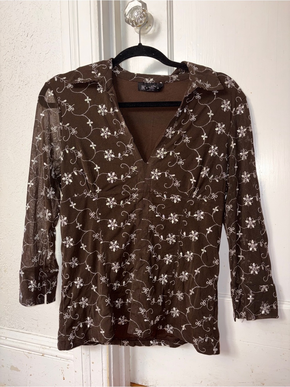 INC Brown Mesh V-Neck Top with White Floral Embroidery